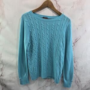 Talbots Sweater Womens Large P Blue Wool Petite Lambswool Button Sleeve Cable